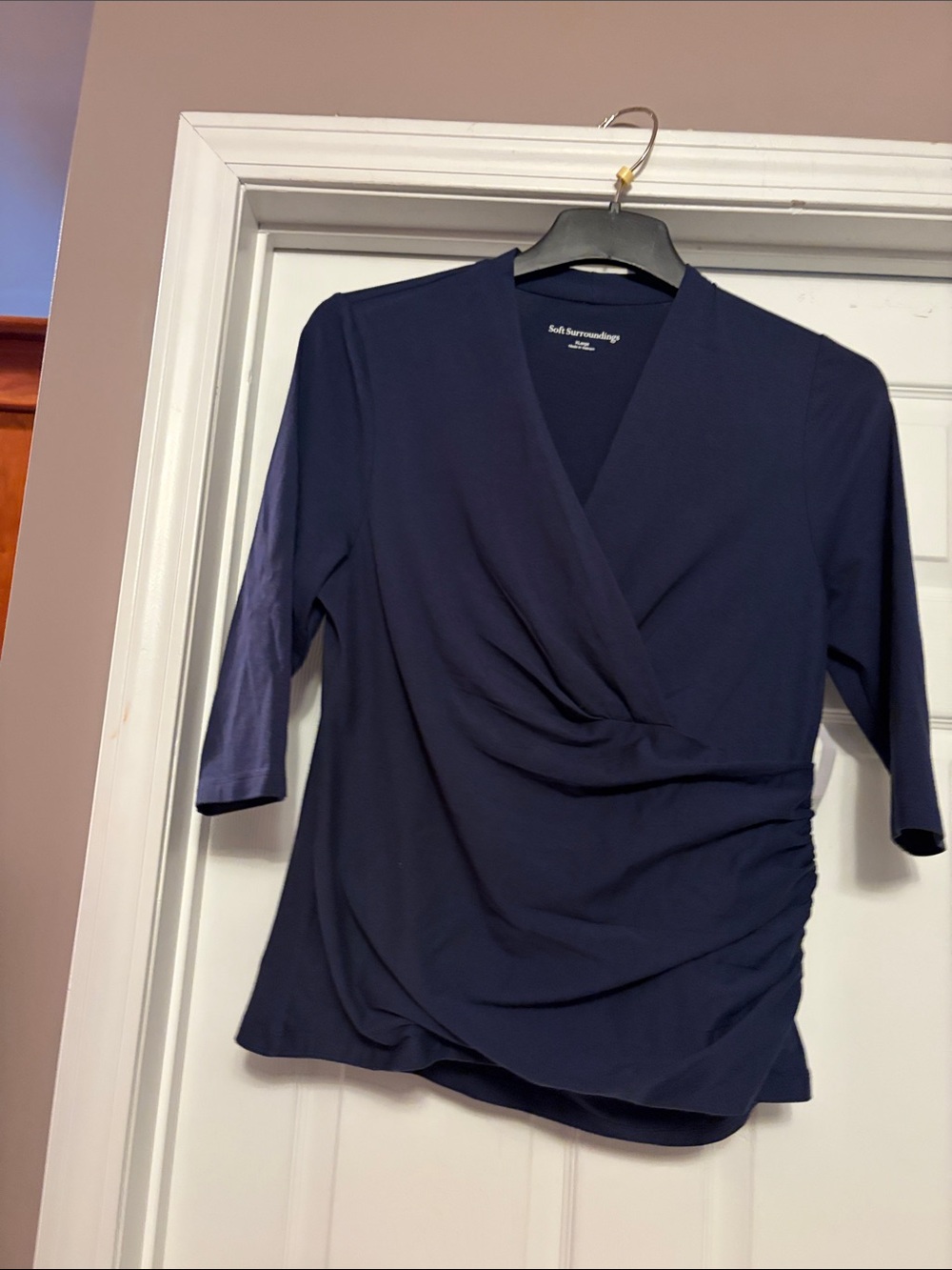 Soft Surroundings Navy Draped Wrap-Front Blouse